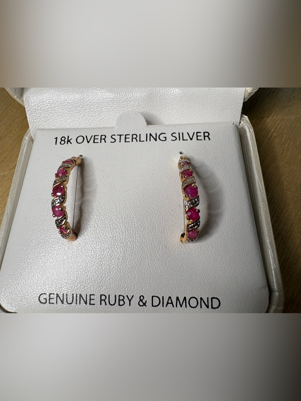18K Over Sterling Silver Genuine Ruby & Diamond Hoop Earrings - Gold and Pink